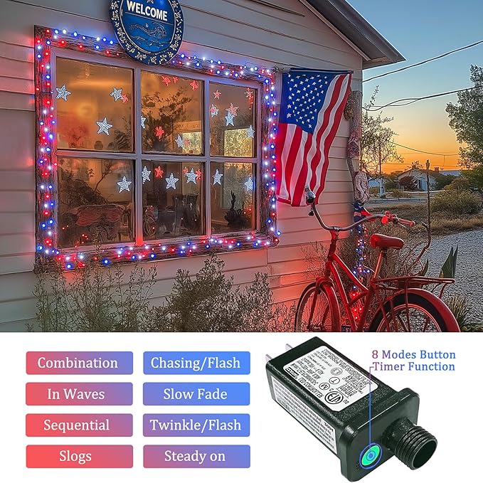 JMEXSUSS 200 LED 4th of July Fairy Lights, Red White and Blue Lights Indoor with Wheel, 8 Modes Remote Control Twinkle Patriotic Lights in for Independence Day American Flag Holiday