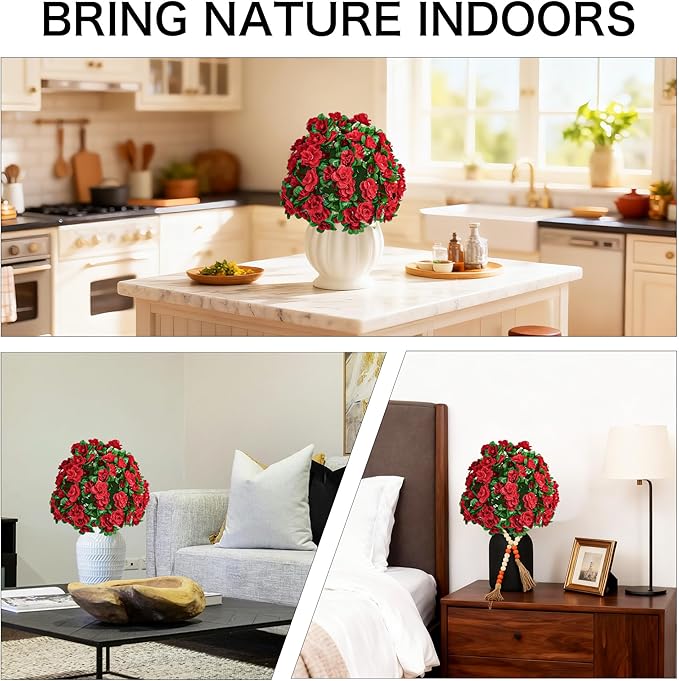 AZXVT Artificial Flowers for Outdoors, Faux Outdoor Plants Fake Plants Topiary Balls Artificial Outdoor Set of 2 with Ground Spike for Home Front Porch Patio Garden Decor (Red)