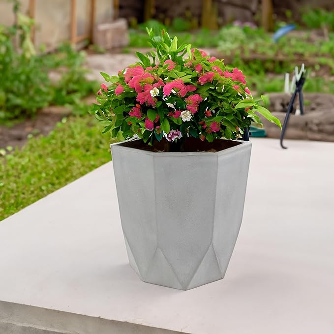 Sunnydaze Modern Faceted 14.75" Polyresin Geometric Planter - Flower Pot for Indoor or Outdoor Use - Light Gray