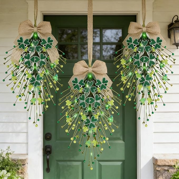 2 PCS St.Patrick's Day Swag Wreath for Front Door St. Patricks Day Teardrop Swags Artificial Felt Shamrock Kitchen Cabinet Swags Wreaths with Green Irish Clover Hanging Decor for Home Wall Window