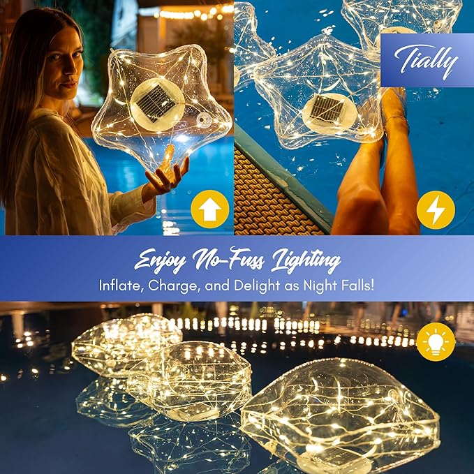 TIALLY Starfish Solar Floating Pool Lights - 14'' Star Lights Outdoor for Pool Decor, Inflatable & Hangable Outdoor Star Light, Waterproof Pool Decorations - Best Gifts for Pool Owners (2 Pack Warm)
