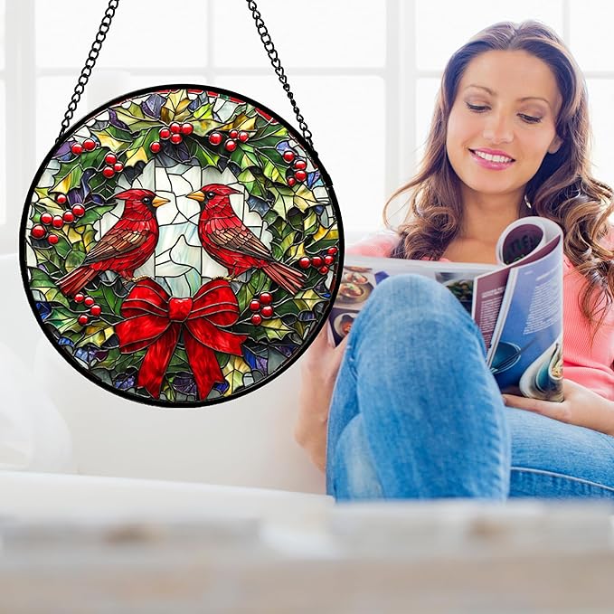 DASTOLL Stained Glass Window Hanging - Cardinals Green Wreath Suncatcher for Doors Home Christmas Decoration Red Bird Sun Catcher Thanksgiving New Year Birthday Gift for Women Men Mom Nana 14.9 in