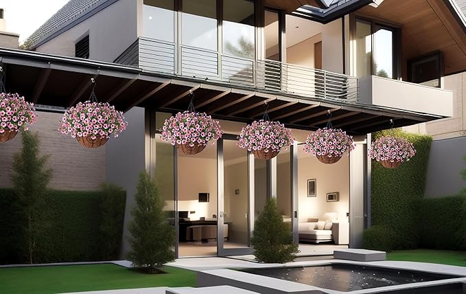 Artificial Flowers Hanging Basket for Outdoor Indoor Spring Summer Decor,Fake Silk Colorful Daisy Eucalyptus in 12" Metal Coconut Lining Flowerpot Arrangement for Home Patio Yard Decor(Pink)