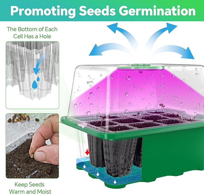 5 Packs Seed Starter Tray with Grow Light, (Value Pack), 60 Cells Seed Starter Kit with Heightened Lid, Adjustable Humidity Domes,Garden supplies for Plant Flower Vegetable Seeds Germination