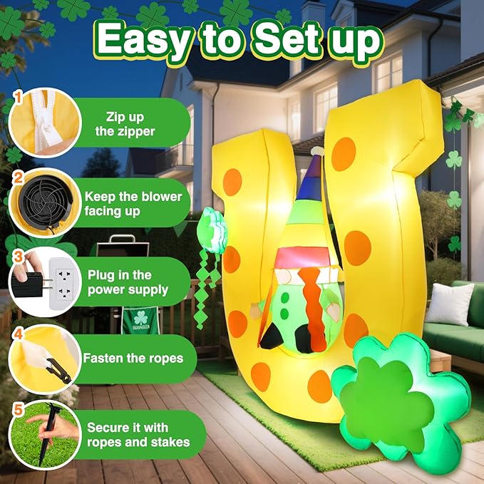 4.9FT St Patricks Day Inflatables Outdoor Decorations Blow Up Gnome Sits on Lucky Horseshoe Arch with Shamrock LED-Lighted Décor Leprechaun for Yard Lawn Garden Party Holiday