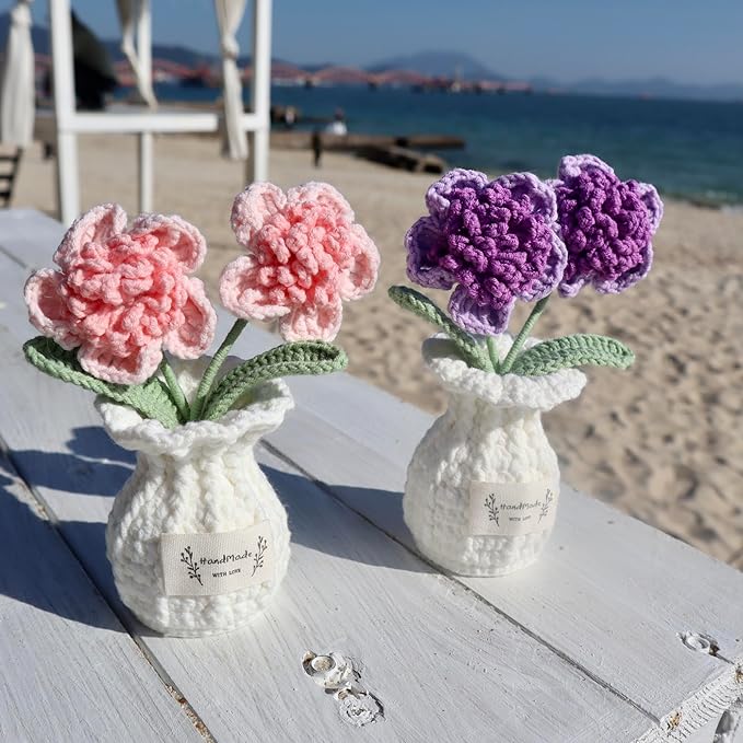 YOOJEE Crochet Paris Polyphylla Flower Pot Handmade Knitted Desk Decor Purple Potted Plant for Home Office