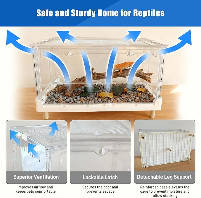 Foldable Reptile Terrarium, 30 Gallon Bearded Dragon Tank Fully Transparent Reptile Enclosure, 28"x17"x16" Front Opening Snake Enclosure Cages with Metal Mesh Roof for Lizard Gecko Spider Turtles