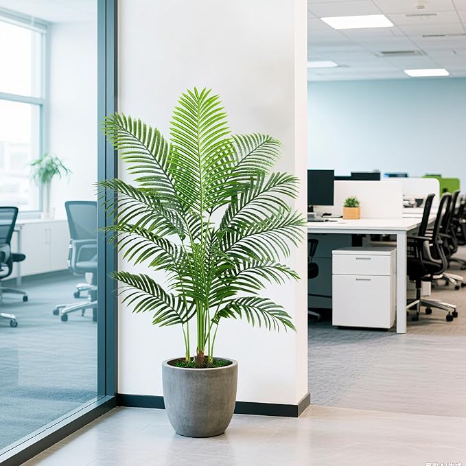 2 Pack Artificial Palm Tree 4FT Artificial Plants Indoor Tropical Fake Palm Tree Areca Floor Plant in Black Pot with 13 Trunks & Real Bark Design, Faux Palm Plant for Outdoor Patio Home Office Decor
