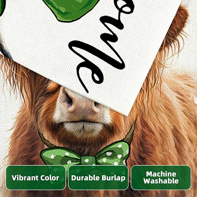 Welcome St Patricks Day Garden Flags for Outside, Highland Cow with Green Hat Lucky Shamrocks Yard Decoration, Small Seasonal Irish Outdoor Decor for Farmhouse Holiday,12x18 Inch Double Sided