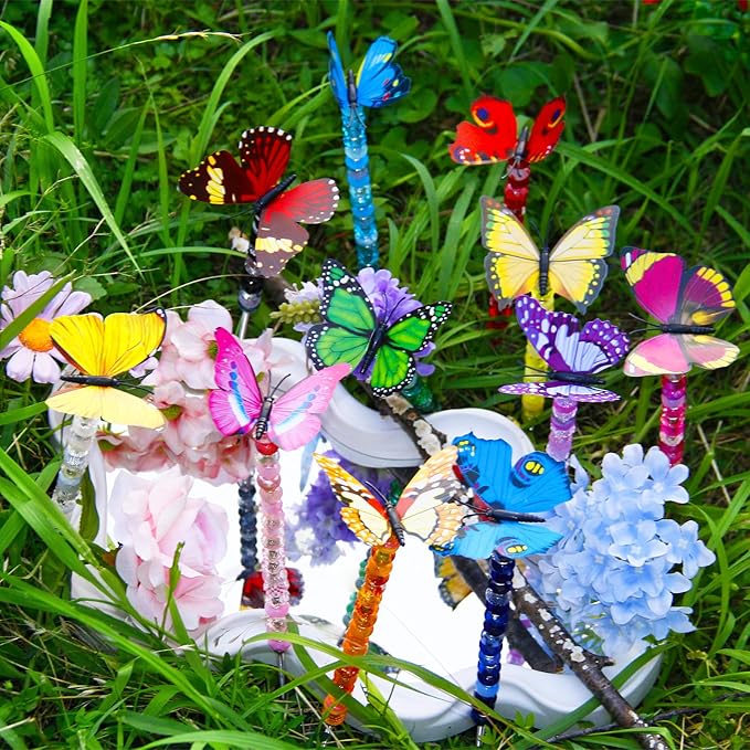 145 PCS Beaded Garden Stakes Kit, DIY Fairy Wand Garden Stake Beads Kits with Assortment Large Hole Beads 4 Crystal Stopper Top 2 Butterfly Tops and Threaded Rods for Outdoor Indoor Decor