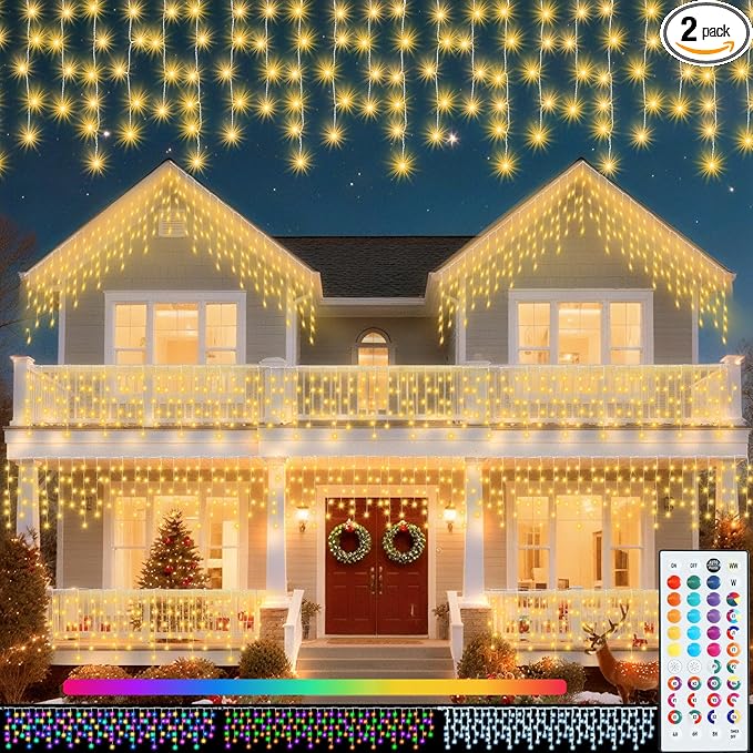 Pooqla Color Changing Icicle Lights with Remote, 35 Colors Christmas Icicle Lights, 360 LED 58.2FT RGB Waterproof Hanging String Lights for Roof Window Home Party Easter Valentines Outdoor Decor