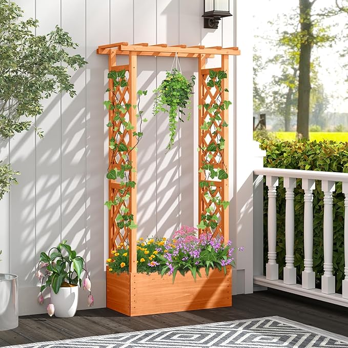 HAPPYGRILL Raised Garden Bed with Trellis, 2 Pack Wood Elevated Garden Bed with Hanging Roof, Planter Box, Drainage Holes for Climbing Plants, Flowers, Vegetables, 31" L x 14" W x 60" H