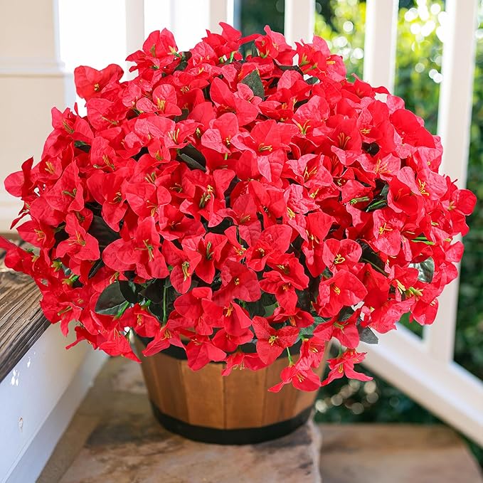 Ivydale Artificial Bougainvillea Flowers for Outdoors Spring Summer Decor, 4 Bundles Fake Red Silk Flowers for Outside Faux Plants UV Resistant Realistic for Outdoor Planters Patio Porch Garden Home