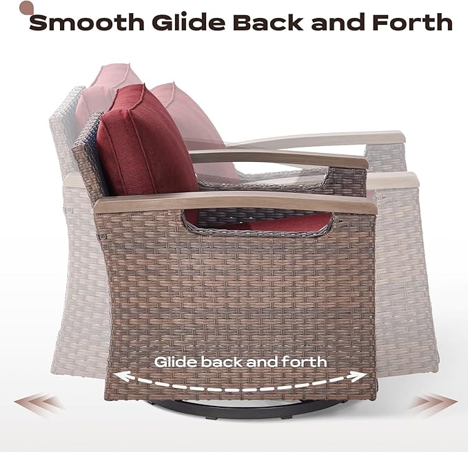 Rilyson 4 Piece Outdoor Patio Swivel Rocking Chairs, All Weather Wicker, Metal Armrest, Deep Seating, Thick Comfortable Cushions, Ideal for Deck Porch Backyard, Brown/Red