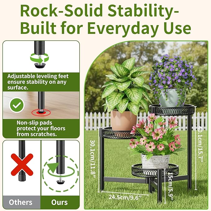 NQW 3 Tier Metal Plant Stand Indoor Outdoor, Corner Tall Plant Shelf for Multiple Plants, Foldable Heavy Duty Plant Holder, Decoration Flower Pot Stand for Patio Living Room Balcony Garden - BlackFlower