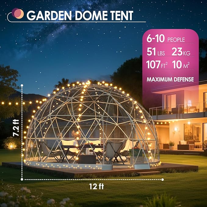 Upgraded 12FT Garden Dome Tent, Outdoor Clear Bubble Tent for 6–10 People, Geodesic Dome Greenhouse with Waterproof PVC Clear Cover, LED Lights, Window for Backyard Patio Camping Party
