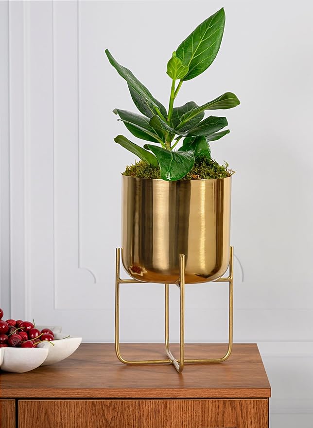 Serene Spaces Living Modern Mid‑Century Metal Indoor Planter with Stand, Gold Planter Pot for Houseplants & Indoor Plants – Living Room, Kitchen & Office, 7.25" Diameter & 13" Tall