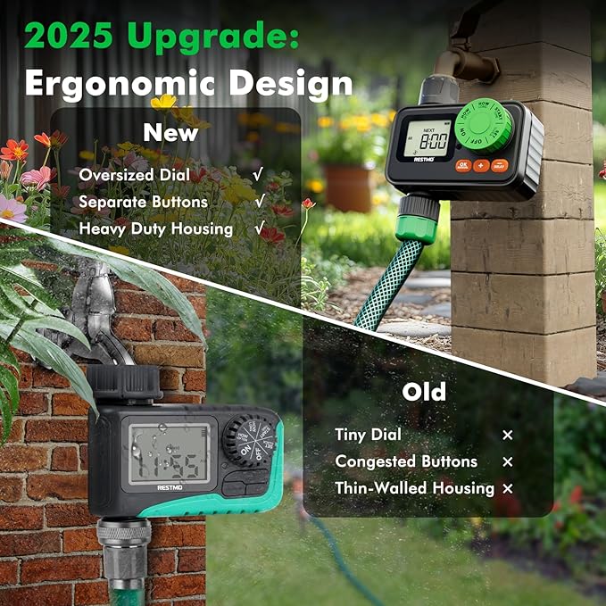 RESTMO Sprinkler Timer, Programmable Water Timer for Garden Hose, Automatic Control | Manual ON/Off | Rain Delay for Outdoor Faucet, Drip Irrigation and Lawn Watering System