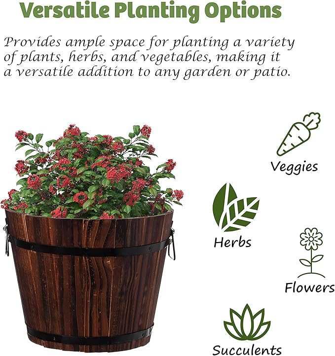 Rustic Wooden Whiskey Barrel Planter with Durable Medal Handles and Drainage Hole - Perfect for Indoor and Outdoor Plants, Herbs, and Vegetables - Small