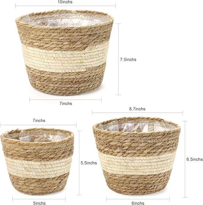 Athaliah Plant Basket Set of 3, Woven Plant Baskets Indoor with Plastic Liner, Water Hyacinth & Corn Husk Planter Baskets, Floor Plant Baskets for Pots, Rustic Farmhouse Home Decor