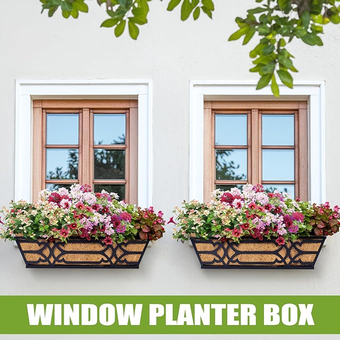 Railing Planter Box, Window Planter Boxes Outdoor 2 Pack 24 Inch Hanging Planter with Adjustable Bracket for Porch, Fence Flower Baskets with Coco Liners