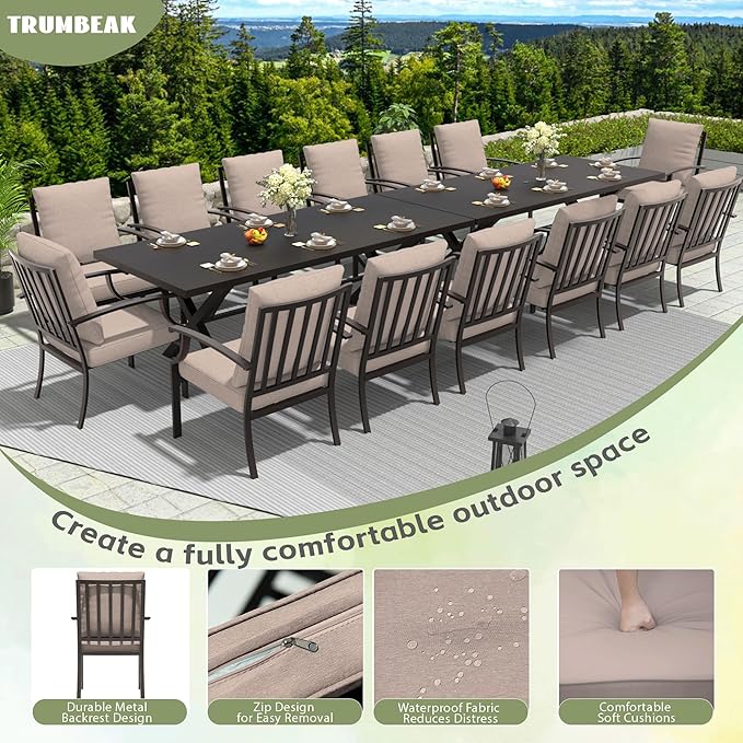 16-Piece Patio Dining Set Outdoor Conversation Set, Metal Outdoor Furniture Set with 2 Umbrella Hole Cut-Out Tables and 14 Metal Backrest Chairs for Backyard, Garden, Sand