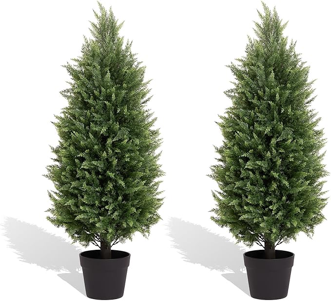 Azoco 3ft Faux Cedar Topiary Trees Artificial Outdoor, Set of 2 – UV Resistant Large Fake Potted Plants for Front Porch Outside Planter Christmas Decor 3 Feet Tall
