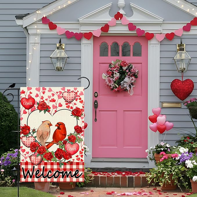 Welcome Valentine’s Day Cardinal Buffalo Love Heart Balloons Garden Flag Romantic Roses Yard Flag 12x18 Inch Double Sided Small Mini Yard Outdoor Outside Holiday Decoration