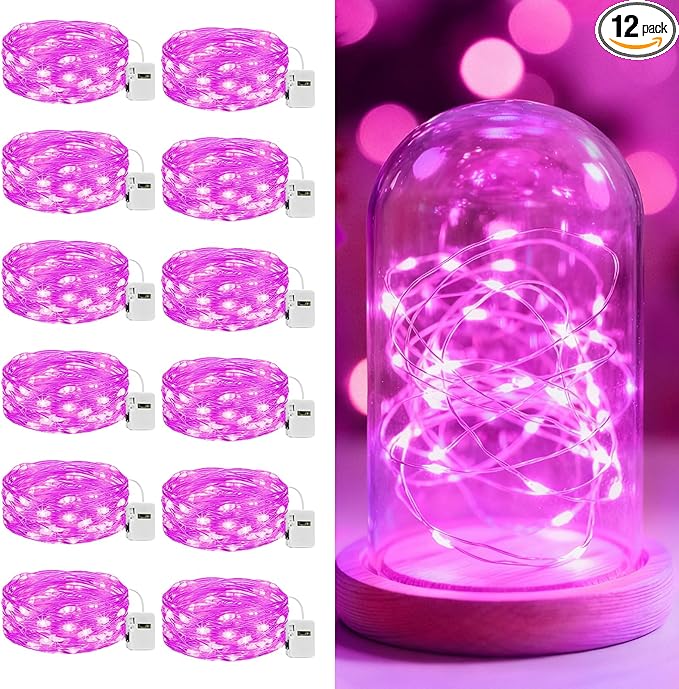 litogo 12 Pack 7FT 20 LED Fairy Lights Battery Operated, 3 Lighting Modes, Bulk Mini Twinkle String Lights Waterproof Silver Wire for Weddings Mason Jars Party Christmas Decorations-Pink