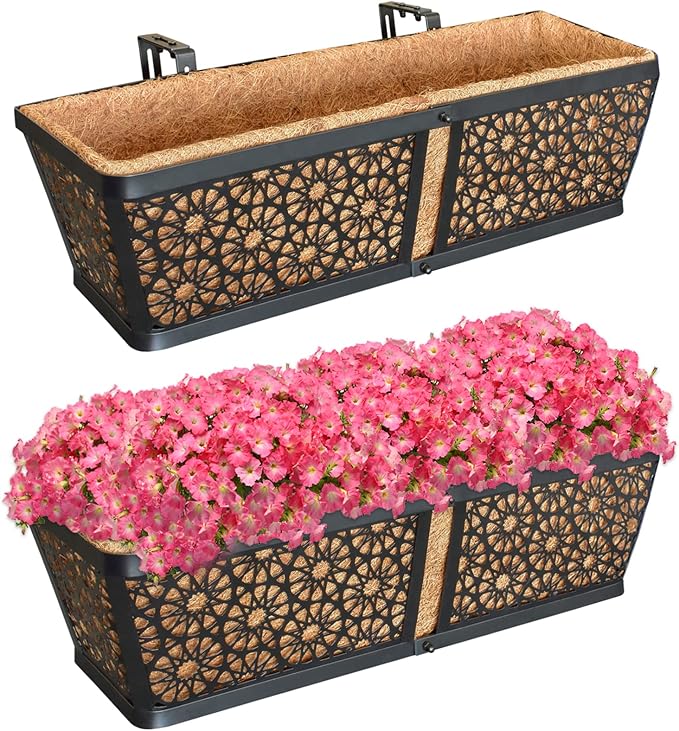 ZeeDix 24 Inch Metal Window Box for Railings, 2 Pack Over Railing Planter Boxes with Coco Liners, Hanging Flower Box Planters for Outdoor Fence Deck Porch Balcony & Patio
