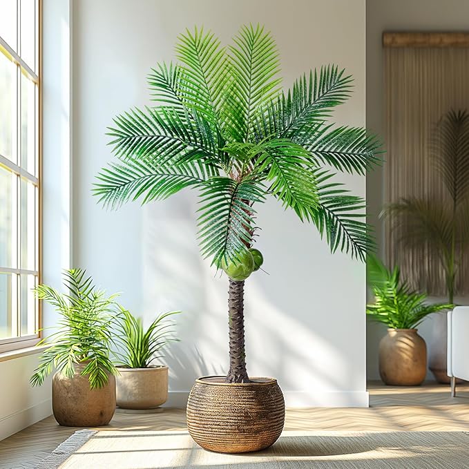 Erimda 30-Year Factory Faux Coconut Tree - 6FT Faux Palm Tree Realistic Thick Trunk & Heavy Duty Leaves, Hand-Carved Bark Texture, Indoor Tropical Decor for Living Room/Store, No Shiny Plastic Look