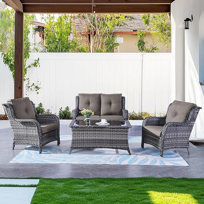 Belord Wicker Furniture 4 Pieces Outdoor Patio Furniture Set Patio Loveseat Sofa Set with Wicker Chairs and Coffee Table, Paito Conversation Set for Porch Garden Deck Balcony Poolside
