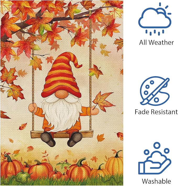 Heyfibro Fall Gnome Welcome Garden Flag 12x18 Double Sided Burlap, Autumn Pumpkin Maple Leave Yard Flags for Thanksgiving Rustic Farmhouse Seasonal Outside Outdoor Decoration (ONLY FLAG)
