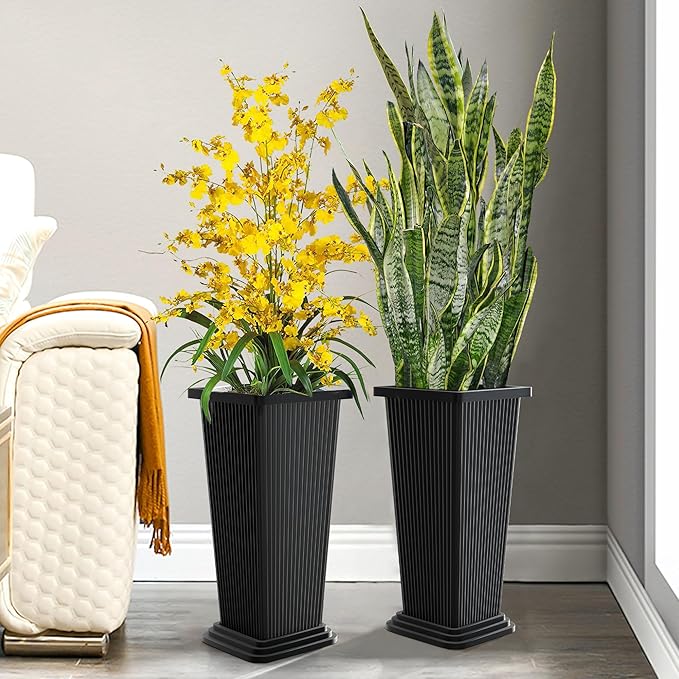 TUYOHW Set of 4 24" Tall Plastic Planters with Trays, Large Tapered Plant Pots for Indoor Outdoor Use, Modern Decorative Planters for Porch, Patio, Garden, and Backyard