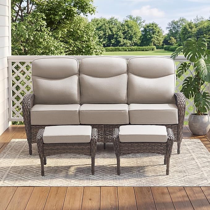 Outdoor Patio Sofa Set (3pcs) with High-Back Design—Thickened Cushions, Sofa Footstool, Patio Set, All-Weather Wicker Patio Furniture Set, Suitable for Balconies and Patios, Available in Brown/Beige