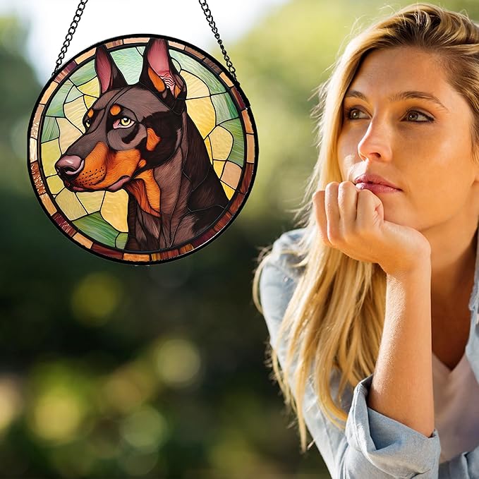 Stained Glass Window Hanging - Funny Dark Brown Doberman Pinscher Suncatcher for Door Terrace Garden Home Decor, Pet Dog Sun Catcher Birthday Gifts for Lovers Women Men Dad Mom Nana 15 in