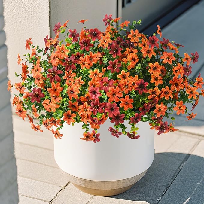 Homsunny Artificial Flowers for Outdoors Fake Plants Spring Home Decoration, 12 Bundles Realistic Faux Flower Daisy with Eucalyptus Stem UV Resistant for Patio Planter Porch Yard(Orange Brown)