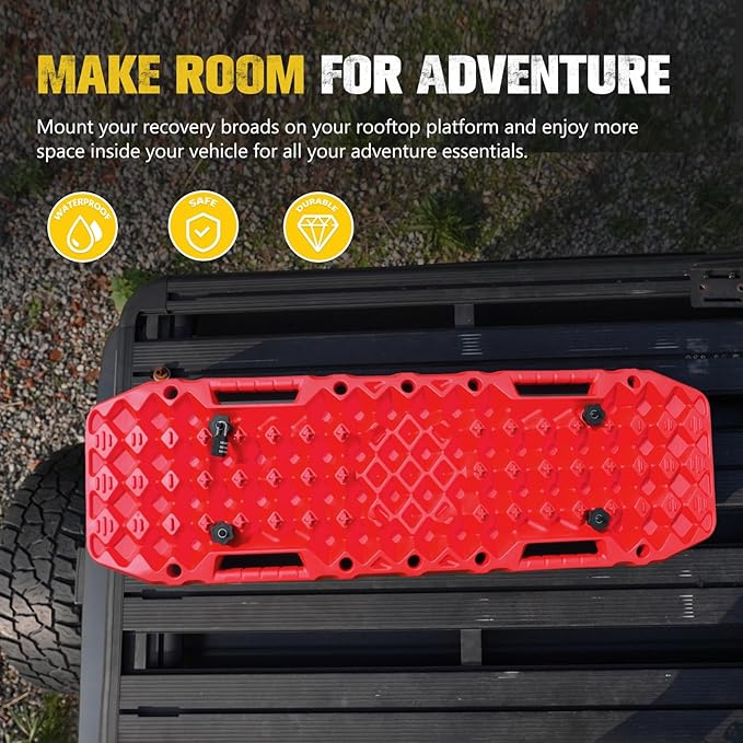 BUNKER INDUST Gen 7th Traction Boards with Mounting Kit, Pair Offroad Recovery Tracks with Jack Base for 4X4 Jeep Truck Tire Traction-Sand,Mud, Snow Ramps (Red)