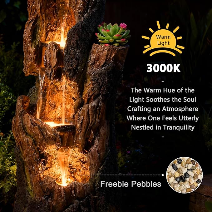 Water Fountain Outdoor 4 Tier Large 43.7 in High Cascading Wood Waterfall with LED Lights, Realistic Tree Sculpting Natural Waterfall Outdoor Fountain for Yard, Garden, Patio, Porch