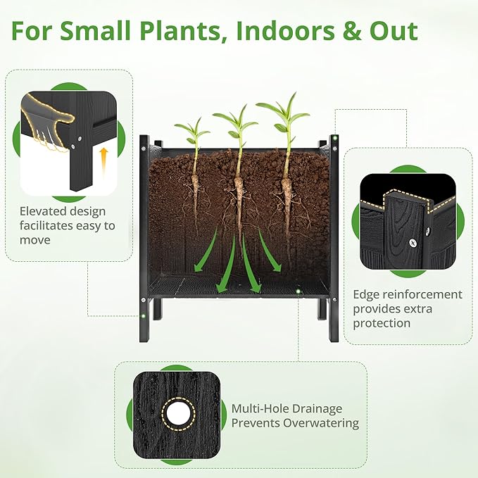 LUE BONA Outdoor Plant Pots, 13.7" x 12.5" x 14.5" Flower Pots with Drainage Holes, Outdoor Planters Boxes for Outdoor Plants - Porch Patio, Garden or Entryway, Black
