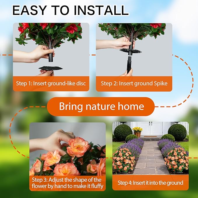 AZXVT Artificial Flowers for Outdoors, Faux Outdoor Plants Fake Plants Topiary Balls Artificial Outdoor Set of 2 with Ground Spike for Home Front Porch Patio Garden Decor (Tangerine)