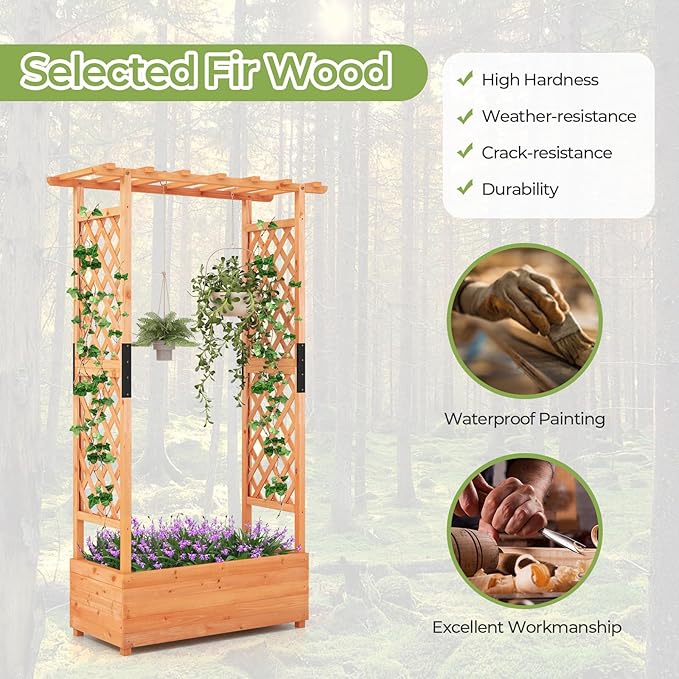 HAPPYGRILL 72" Raised Garden Bed with Trellis, 2 Pack Freestanding Wood Planter Box w/Hanging Roof & 2 Drainage Holes for Vine Climbing Plants Flowers, Outdoor Planter w/Trellis for Garden Patio