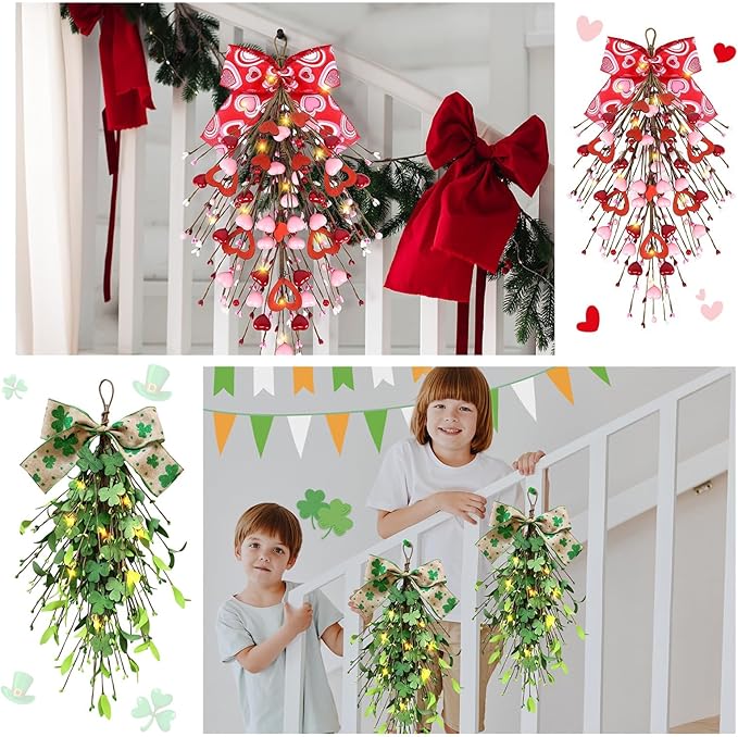 2 PCS 24" Valentine’s St.Patrick's Day Swag Wreath for Front Door Artificial Heart Shamrock Teardrop Swags Wreath Lucky Irish Valentines Kitchen Cabinet Wreaths for Home Porch Wall Window Decoration