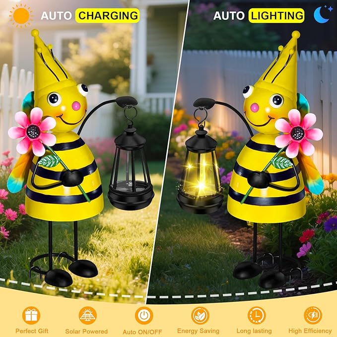 Solar Garden Lights Bee Statue with Solar Lantern Lights,14.17 Inch Garden Lawn Decoration,Birthday Gifts for Women Grandma,Gardening Gifts Decorative Stakes for Yard,Patio,Porch, Christmas,Halloween