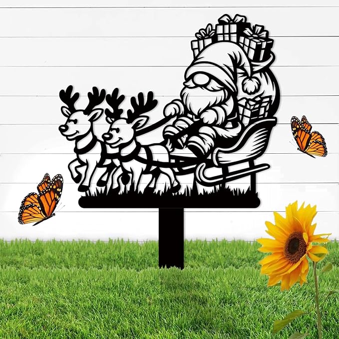 Magilab Personalized Iron Yard Stake - Christmas Cute Gnome Dwarves Decor, 8-Inch Black Metal Garden Sign for Outdoor (Style M)