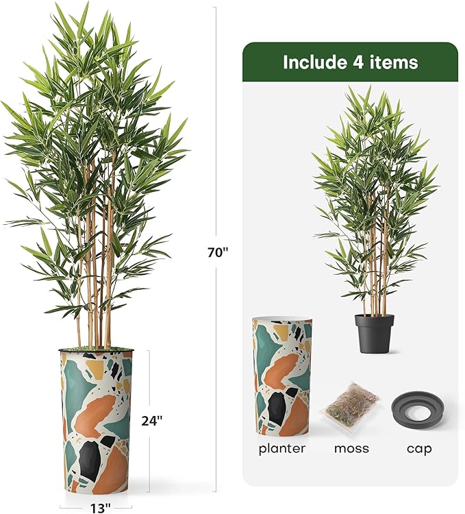 Artificial Tree in Modern Geometric Pattern Planter, Fake Bamboo Silk TRE for Indoor and Outdoor Home Decoration - 70" Overall Tall (Plant Pot Plus Tree)