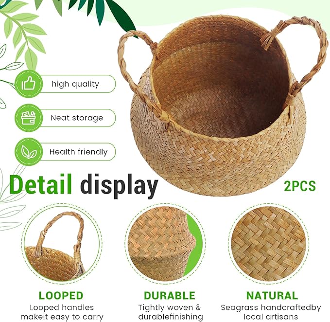 Large Wicker Plant Basket with Handle 10 Inch Woven Seagrass Belly Basket and Artificial Moss for House Plants Picnic Grocery Laundry Storage Home Decor(Large,Original,2 Pack)