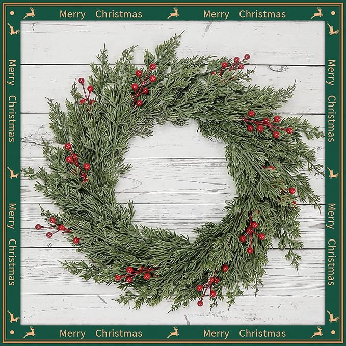 40 Pcs Artificial Pine Branches with Red Berry Picks 11" Winter Christmas Greenery Fake Juniper Leaves Norfolk Pine Stems Needles for DIY Craft Wreath Garland Vase Filler Home Decoration (40, Green)