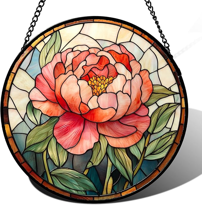 HWRHTR Stained Glass Window Hanging - Pink Peony Floral Suncatcher for Door Garden Yard Birth Flower Sun Catchers Decor Christmas Mother's Day Birthday Gifts for Women Mom Nana Wife Teacher 15 in