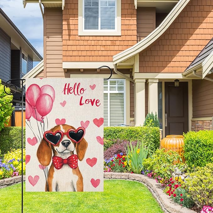 Valentine's Day Beagle Hello Love Garden Flag, House Yard Plaid Love Heart Outside Decoration, Spring Holiday Wedding Anniversary Outdoor Small Decor 12x18(12616)